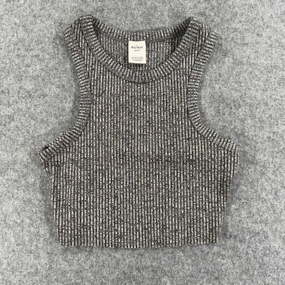 Destined Womens Grey Ribbed Knit Sleeveless Racerback Crop Top Small